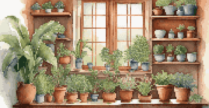 A cozy indoor garden with various potted plants in different materials, illuminated by natural sunlight.