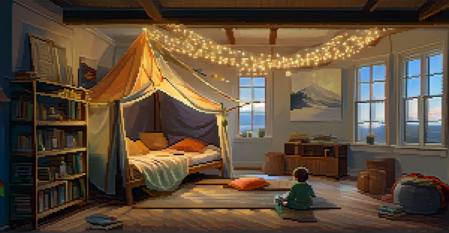 Children playing inside a cozy fort made of blankets and pillows, illuminated by fairy lights in a bright living room.