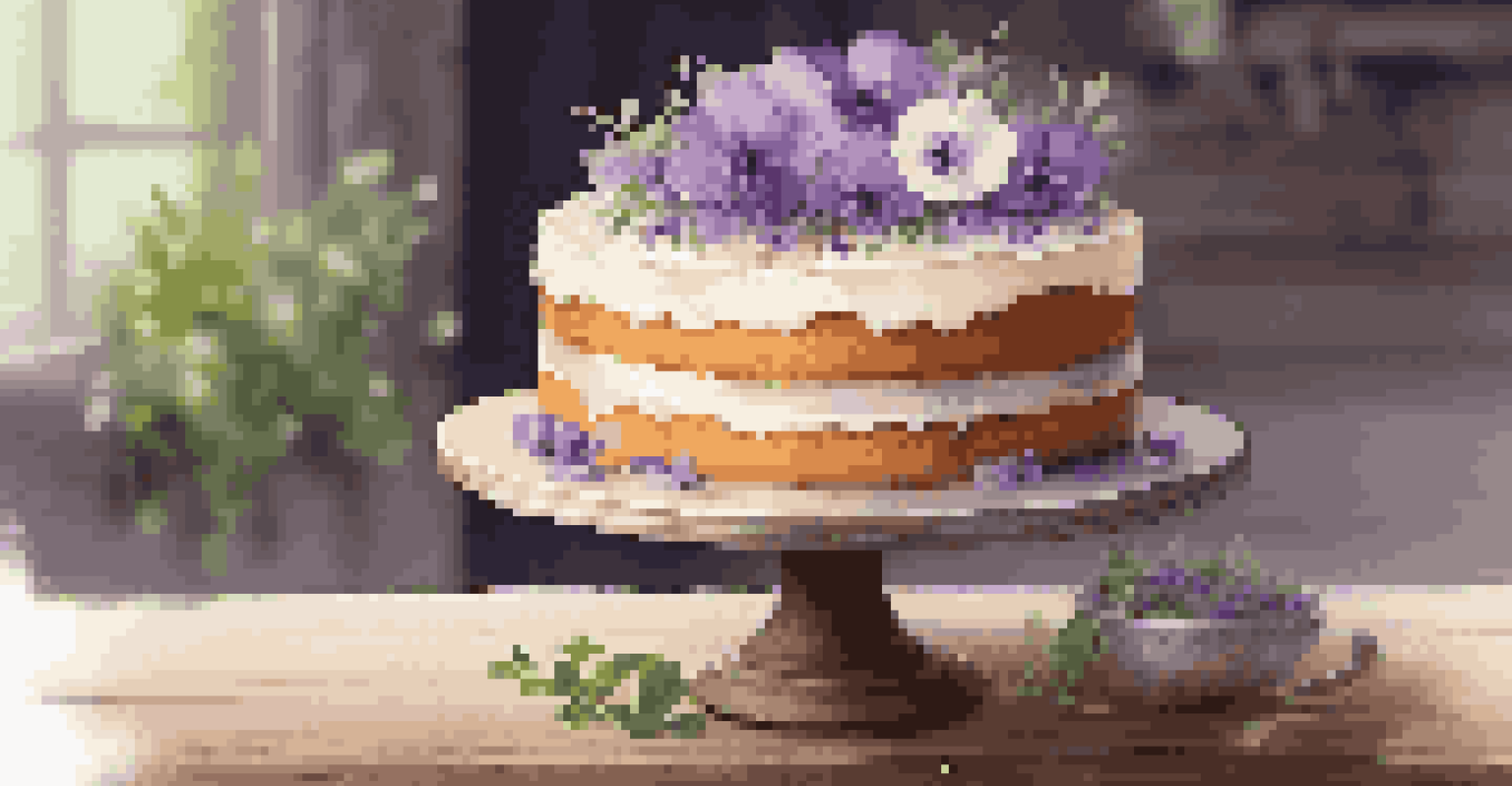 A vanilla cake adorned with violet petals and fresh edible flowers, displayed on a wooden stand with a soft-focus green background.