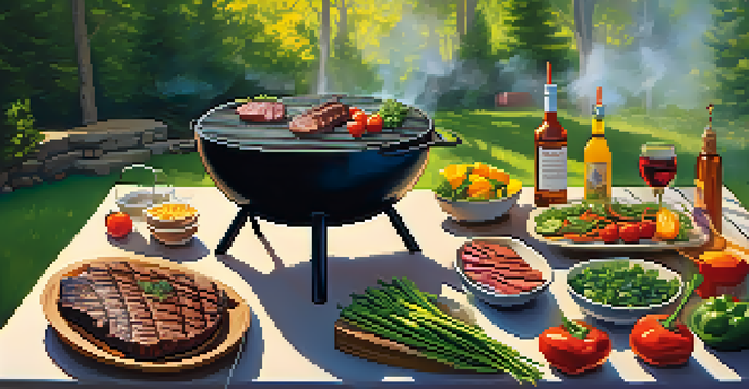 An outdoor grilling scene with a charcoal grill, sizzling steaks, and vibrant vegetables on a wooden picnic table, surrounded by fresh herbs and small bowls of marinades.