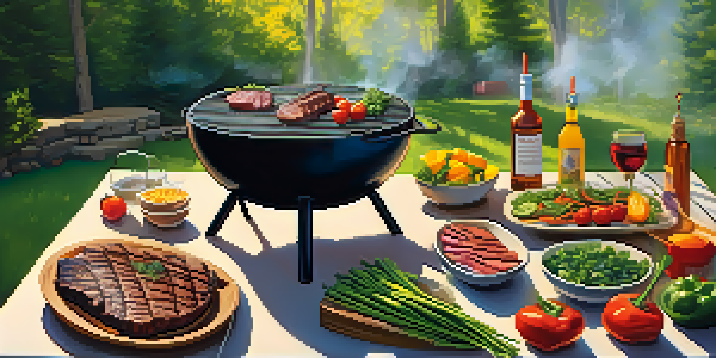 An outdoor grilling scene with a charcoal grill, sizzling steaks, and vibrant vegetables on a wooden picnic table, surrounded by fresh herbs and small bowls of marinades.