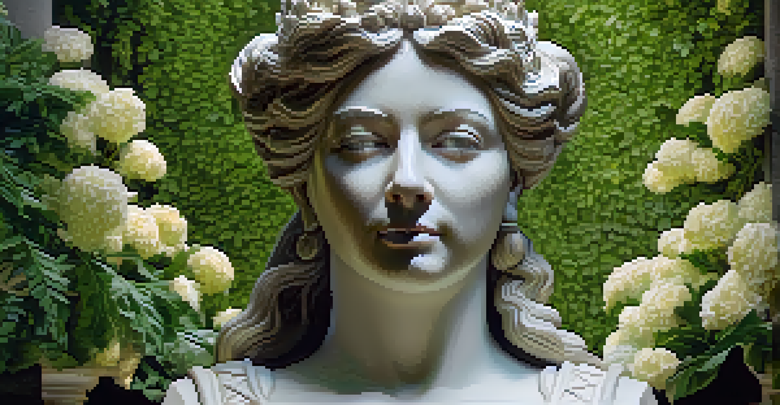 An alabaster bust sculpture of a queen, illuminated with a halo effect in a garden setting.