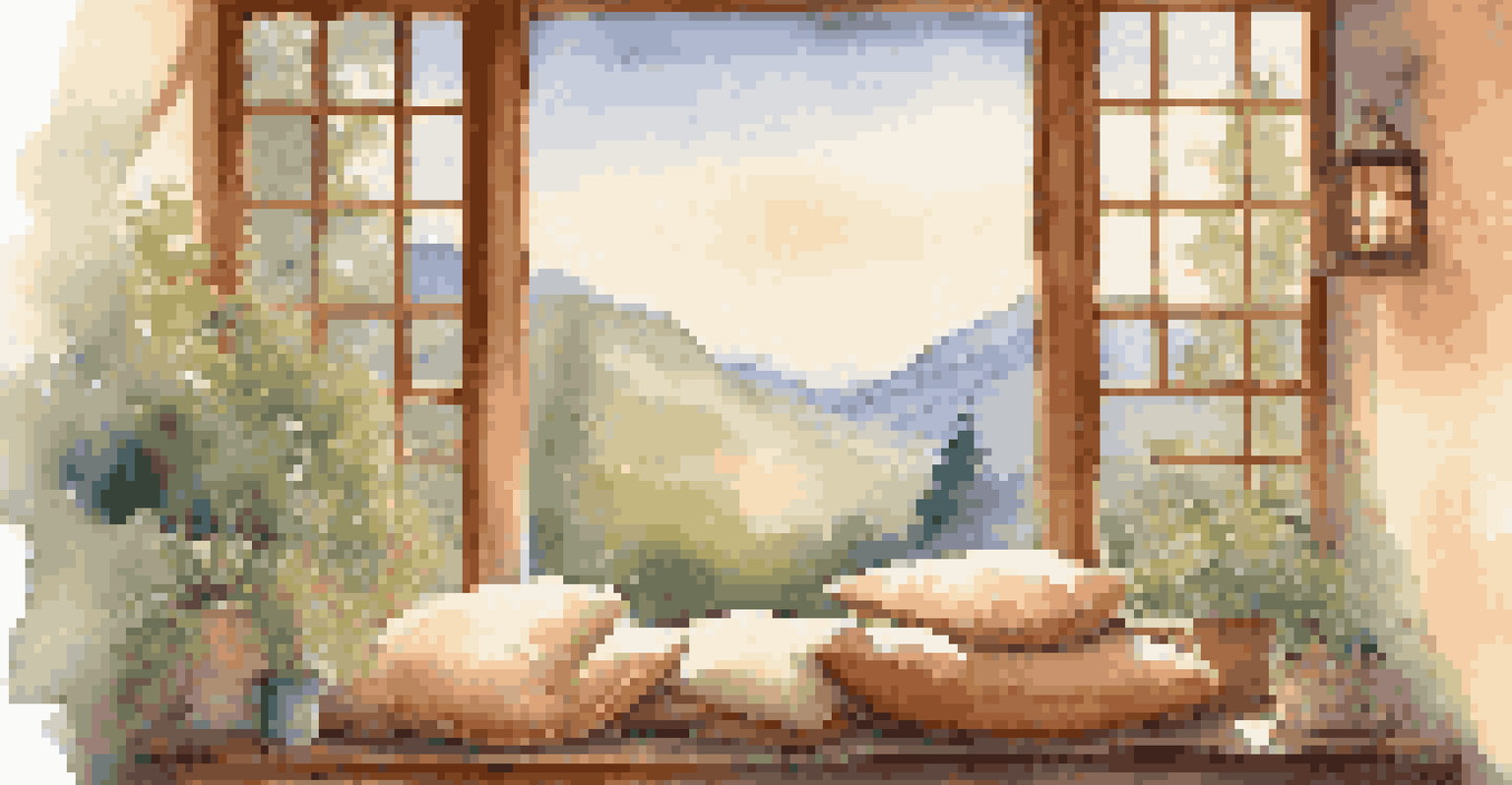 A cozy meditation space with cushions and candles, illuminated by warm light and a view of nature outside.