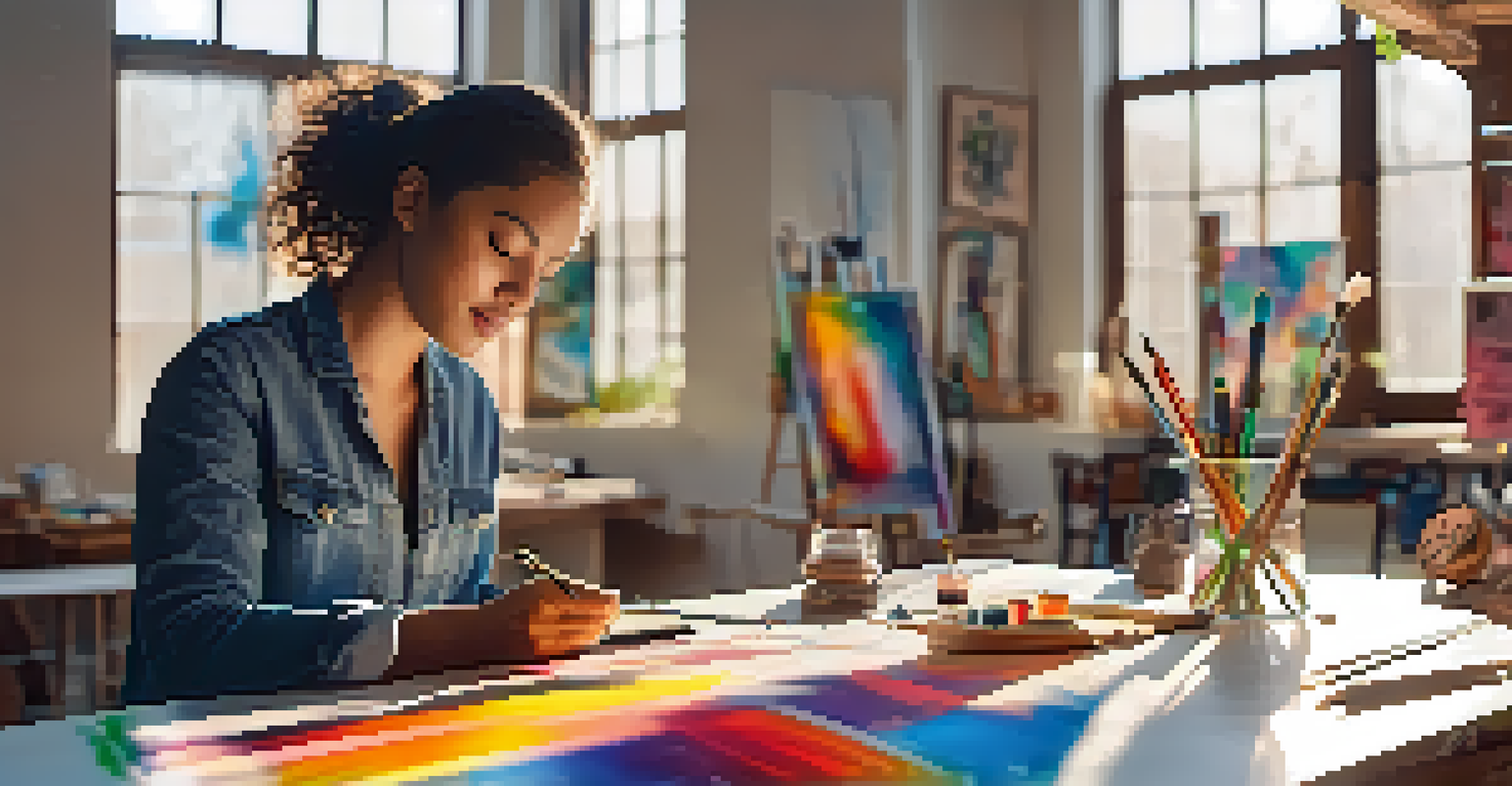 An artist in a bright studio, working on a digital tablet with AR tools and colorful sketches on the walls.