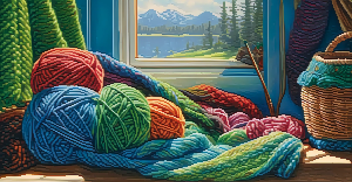A close-up of hands knitting a colorful scarf with sunlight illuminating the yarn basket in the background.