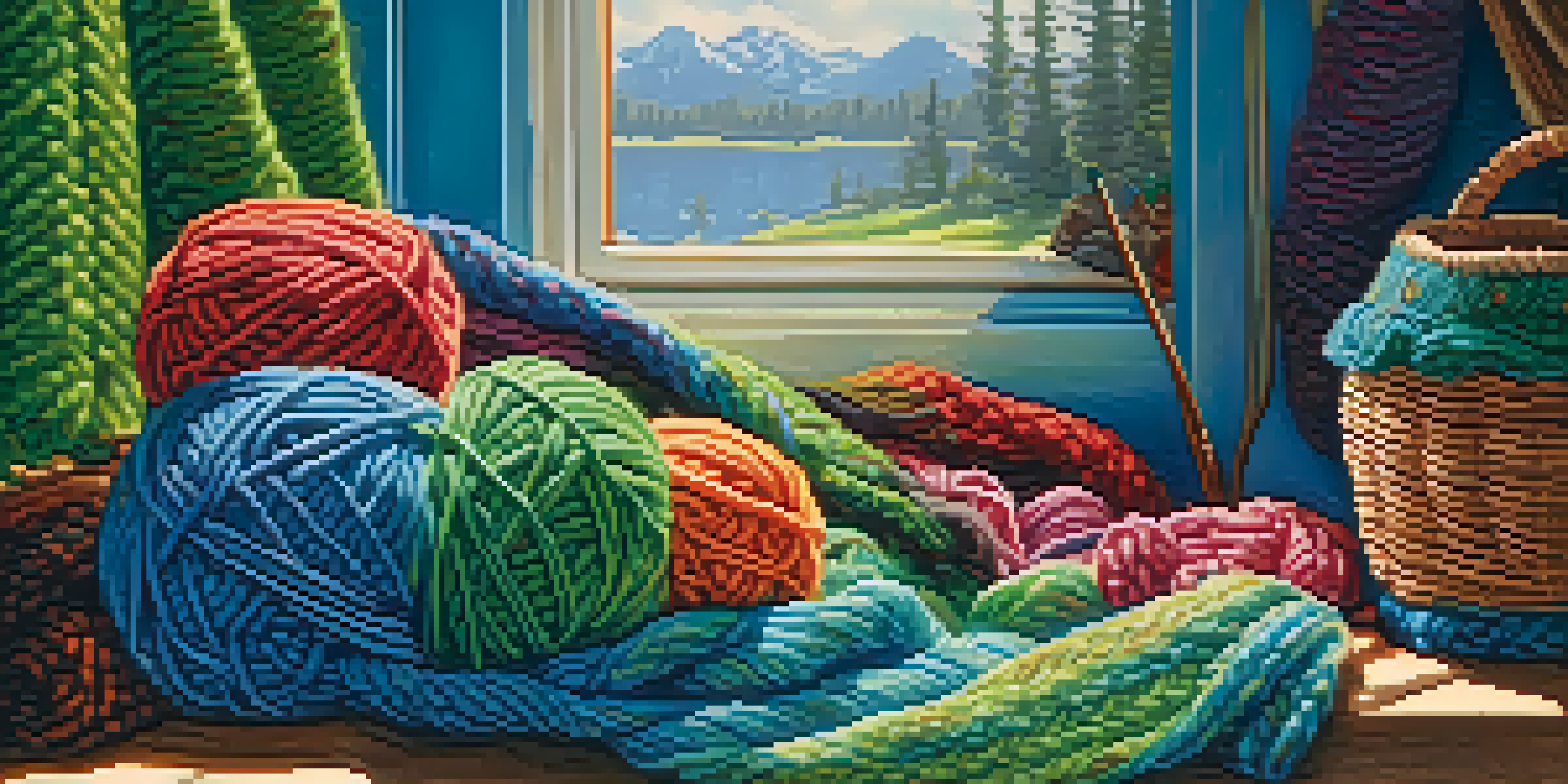 A close-up of hands knitting a colorful scarf with sunlight illuminating the yarn basket in the background.