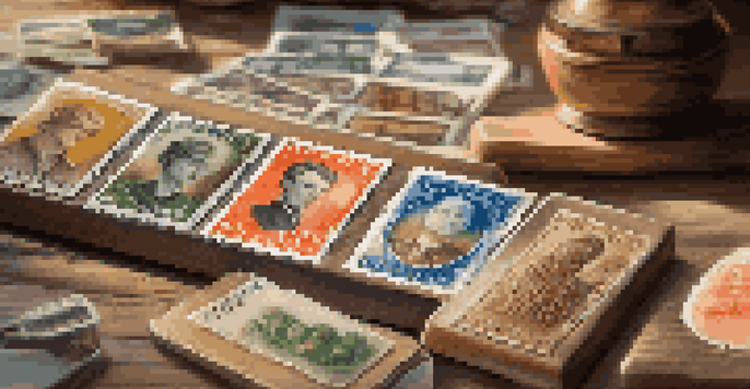 A detailed view of vintage stamps on a wooden table with a magnifying glass beside them, illuminated by sunlight.
