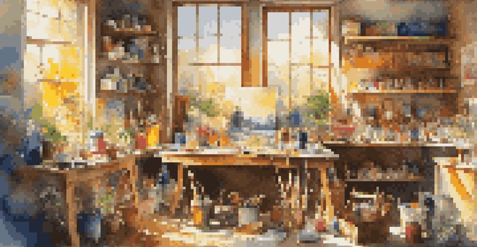 An artist's studio with colorful art supplies and a half-finished landscape painting illuminated by sunlight.