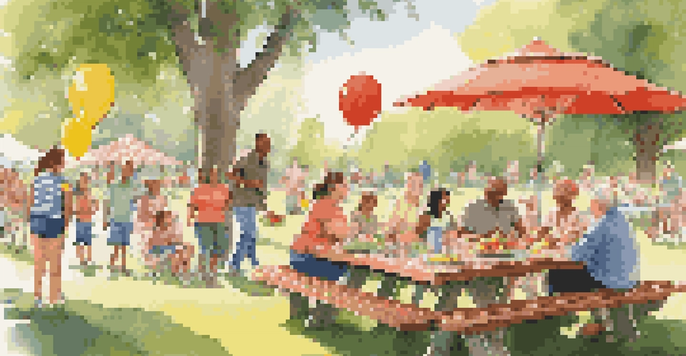 A lively family reunion in a park with people of different ages enjoying food and activities, including children playing and a family tree display.