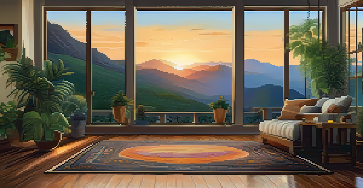 A tapestry rug showcasing a mountain landscape, placed on a wooden floor with plants around it, illuminated by soft lighting.