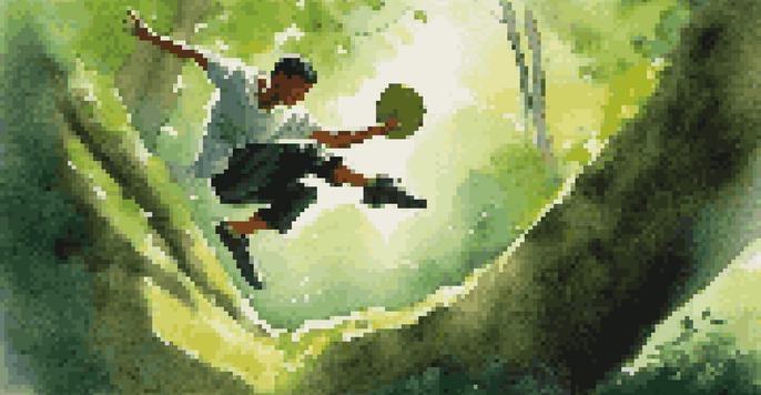 A parkour athlete leaping over a boulder in a vibrant forest, with sunlight filtering through the trees.