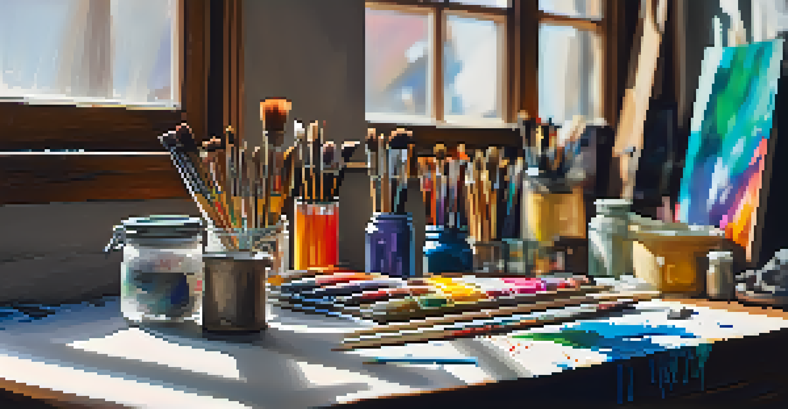 An artist's workspace with colorful paints and brushes under soft light from a window.