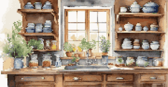 A cozy kitchen with open shelving showcasing colorful dishes and spice jars, bathed in warm natural light.