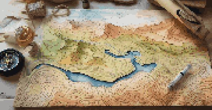 A topographic map laid out on a wooden table, with hiking gear and a compass beside it, illuminated by natural light.