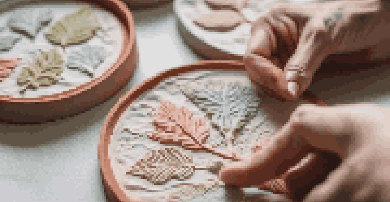 Close-up of hands molding air-dry clay into coasters, showcasing detailed patterns made with natural materials.