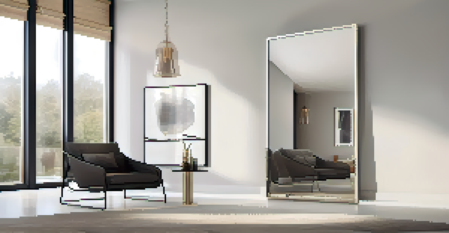 A sleek rectangular mirror in brushed metal, reflecting a modern interior with contemporary furniture and bright lighting.
