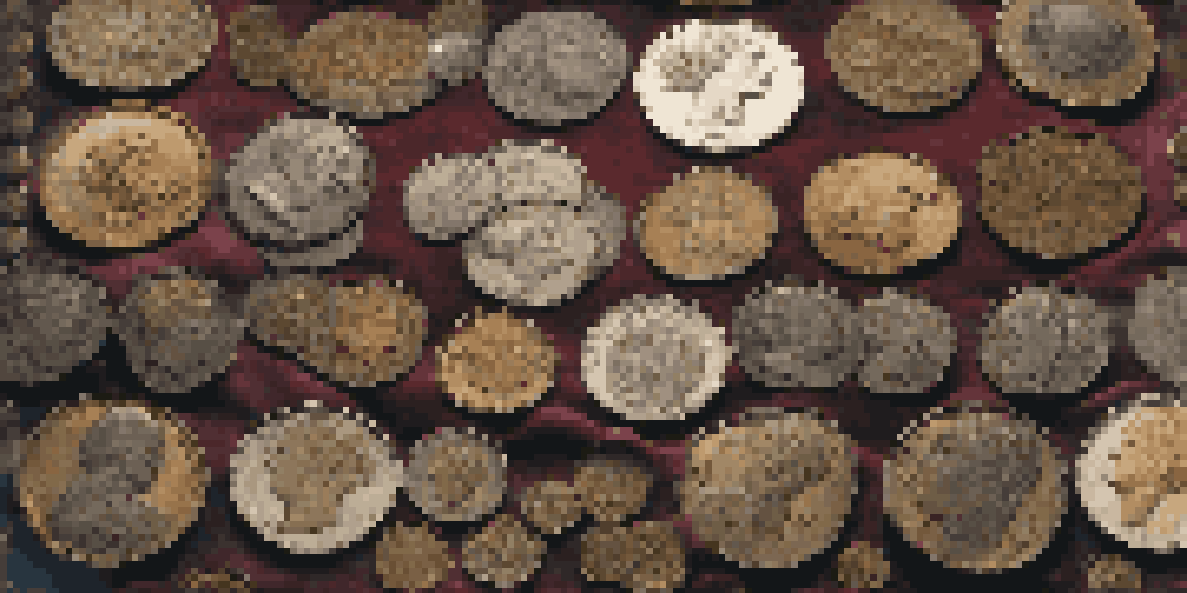 A close-up view of error coins on a velvet cloth, showcasing various striking and planchet errors.