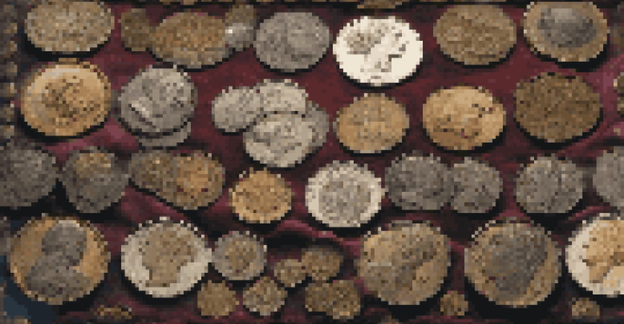 A close-up view of error coins on a velvet cloth, showcasing various striking and planchet errors.