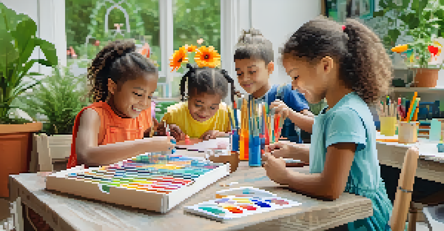 Children painting colorful stones and popsicle sticks to create DIY garden markers, with a blooming garden in the background.