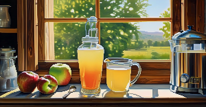 A warm kitchen setup with fresh apples, a glass jug of apple juice, and brewing tools, illuminated by soft natural light.