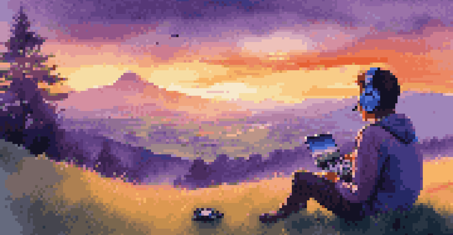 A gamer sitting on a grassy hill at sunset, playing a handheld console, immersed in their game amidst a serene landscape.