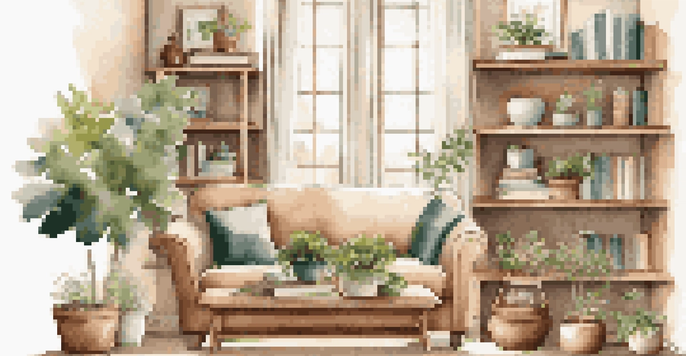 A cozy living room featuring a stylish ladder shelf with books and plants, illuminated by natural light.