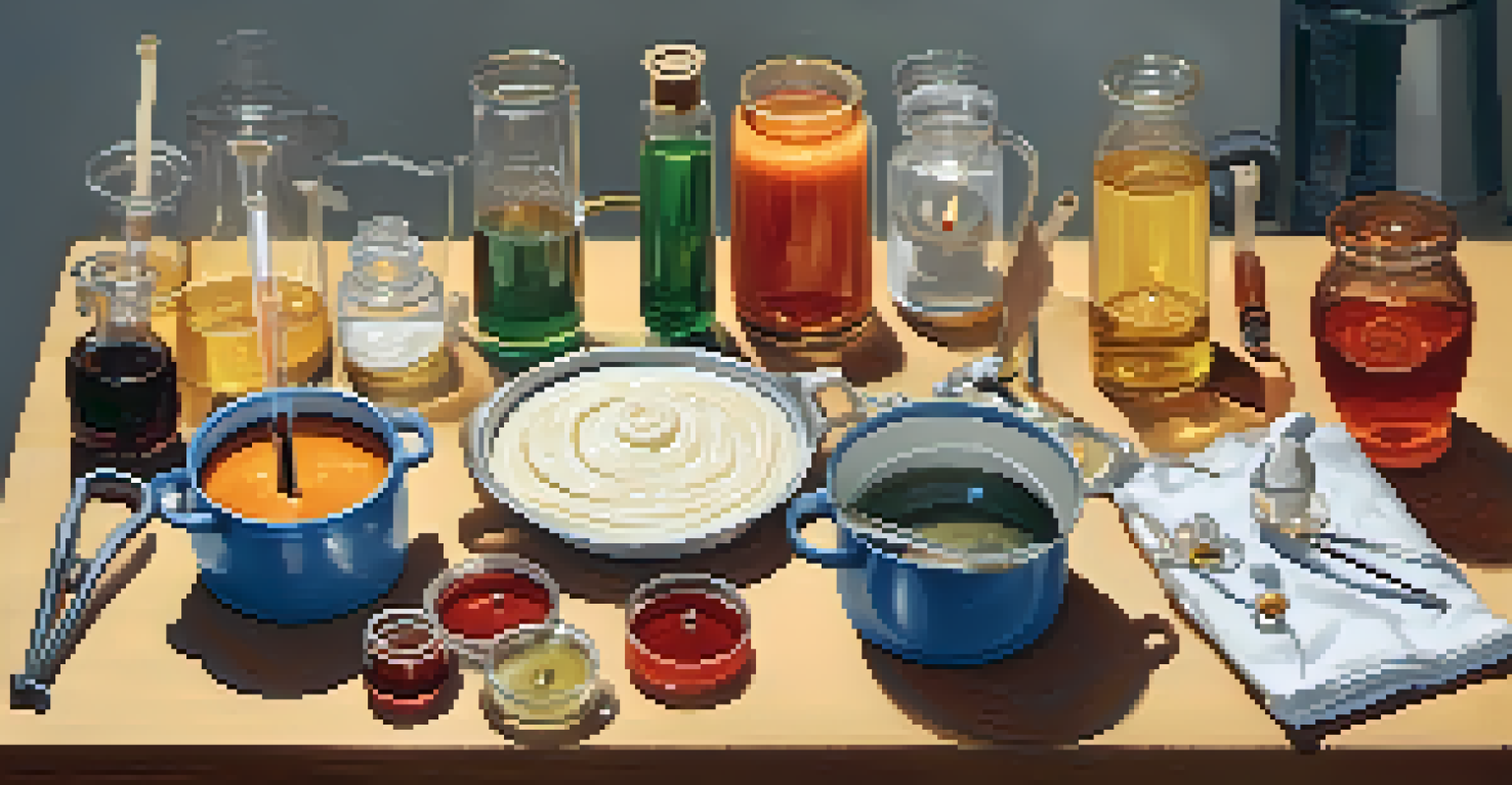 An overhead view of melting wax and safety equipment in a candle-making setup.