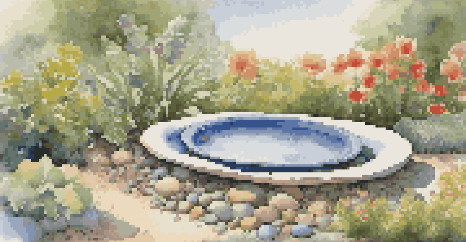 A shallow dish with pebbles and water in a garden, surrounded by various plants and a birdbath.