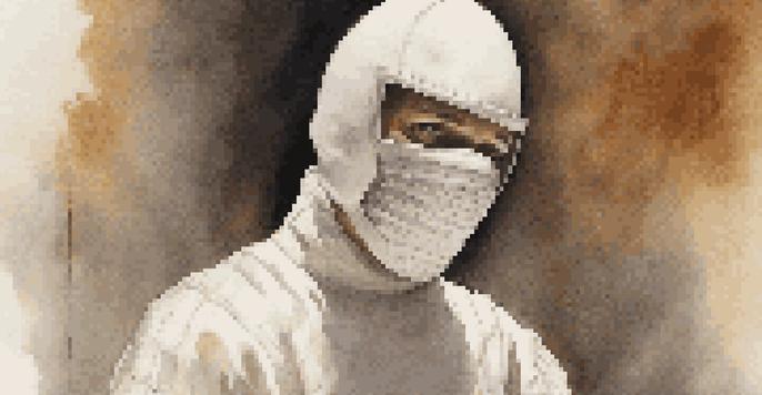 A fencer in a poised en garde position, wearing traditional fencing gear with a mask lifted, showcasing determination and focus.
