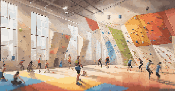 A lively indoor climbing gym with climbers of diverse skill levels, colorful climbing walls, and sunlight streaming through windows.