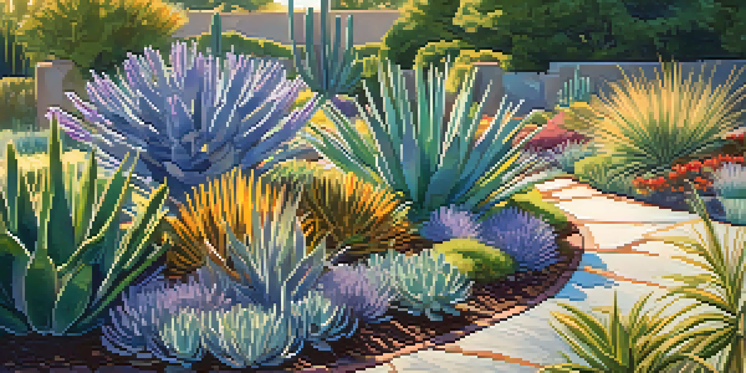 A colorful garden filled with drought-resistant plants such as succulents and lavender, organized by their water needs under a clear blue sky.