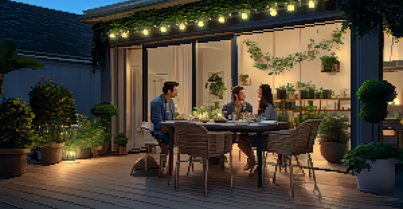 A beautiful outdoor patio with smart lighting and audio systems, creating a lovely dining atmosphere.