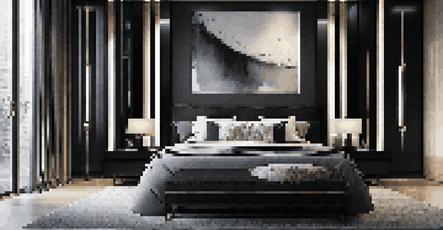 A stylish bedroom with glossy black wall panels and a neatly made bed.