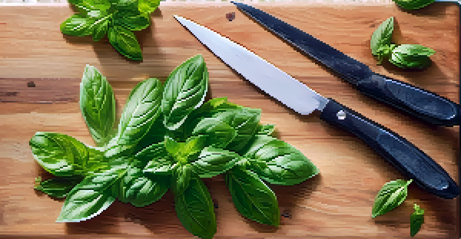 A close-up view of freshly harvested basil and mint leaves on a cutting board with scissors, showcasing their vibrant green color.