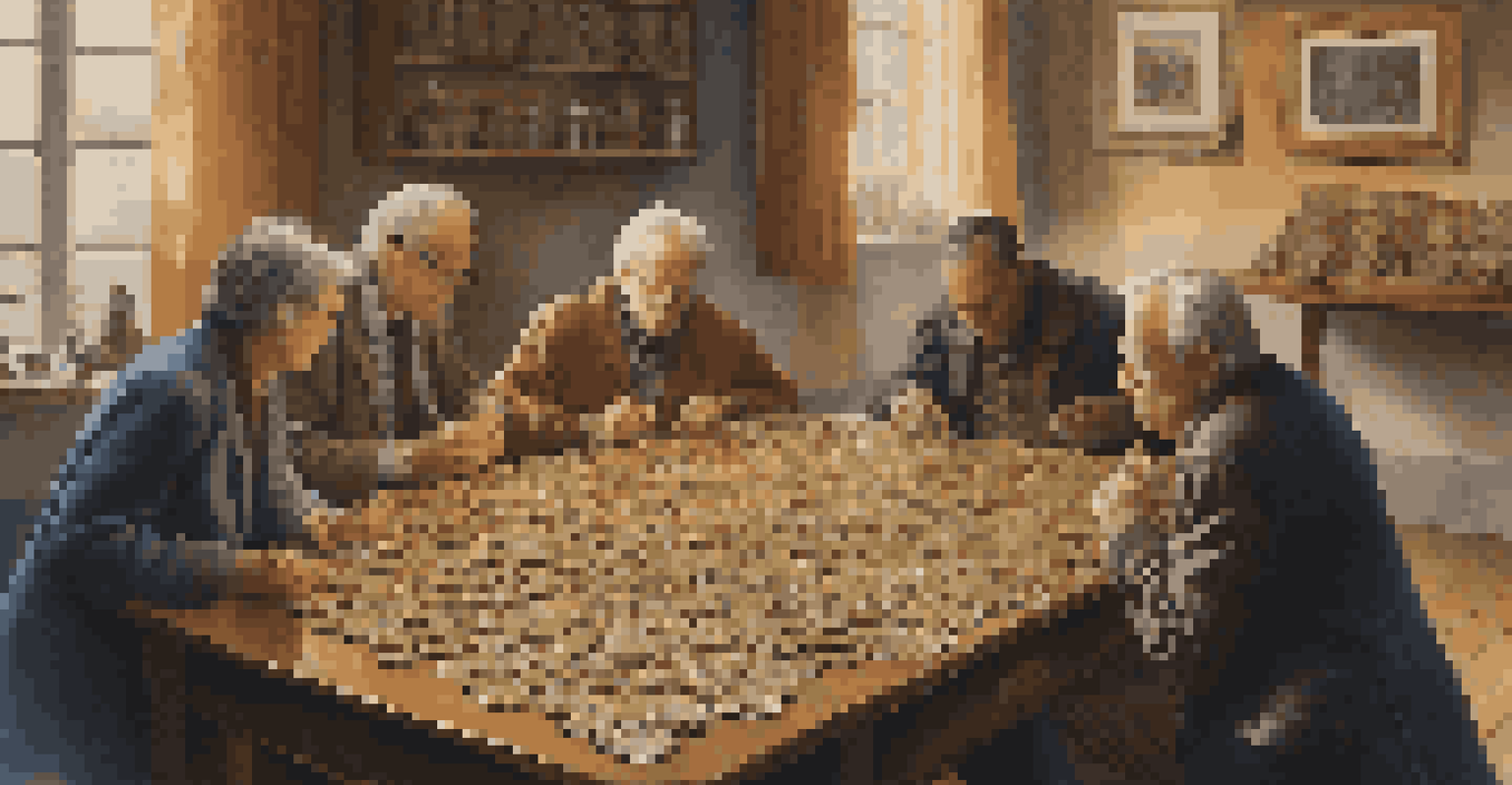 A group of diverse coin collectors discussing and examining rare coins around a table in a warmly lit room filled with historical coin posters.