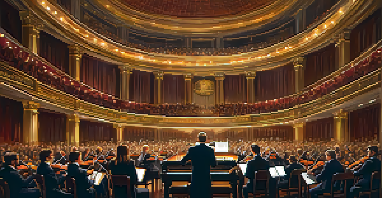 A concert hall with musicians in formal attire performing an orchestral arrangement, illuminated by warm lights, with an engaged audience in the background.