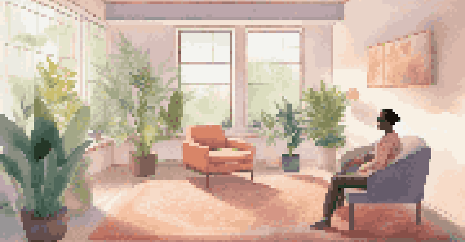 A therapist and a patient work together in a cozy therapy room with a virtual reality setup, surrounded by plants and soft cushions.