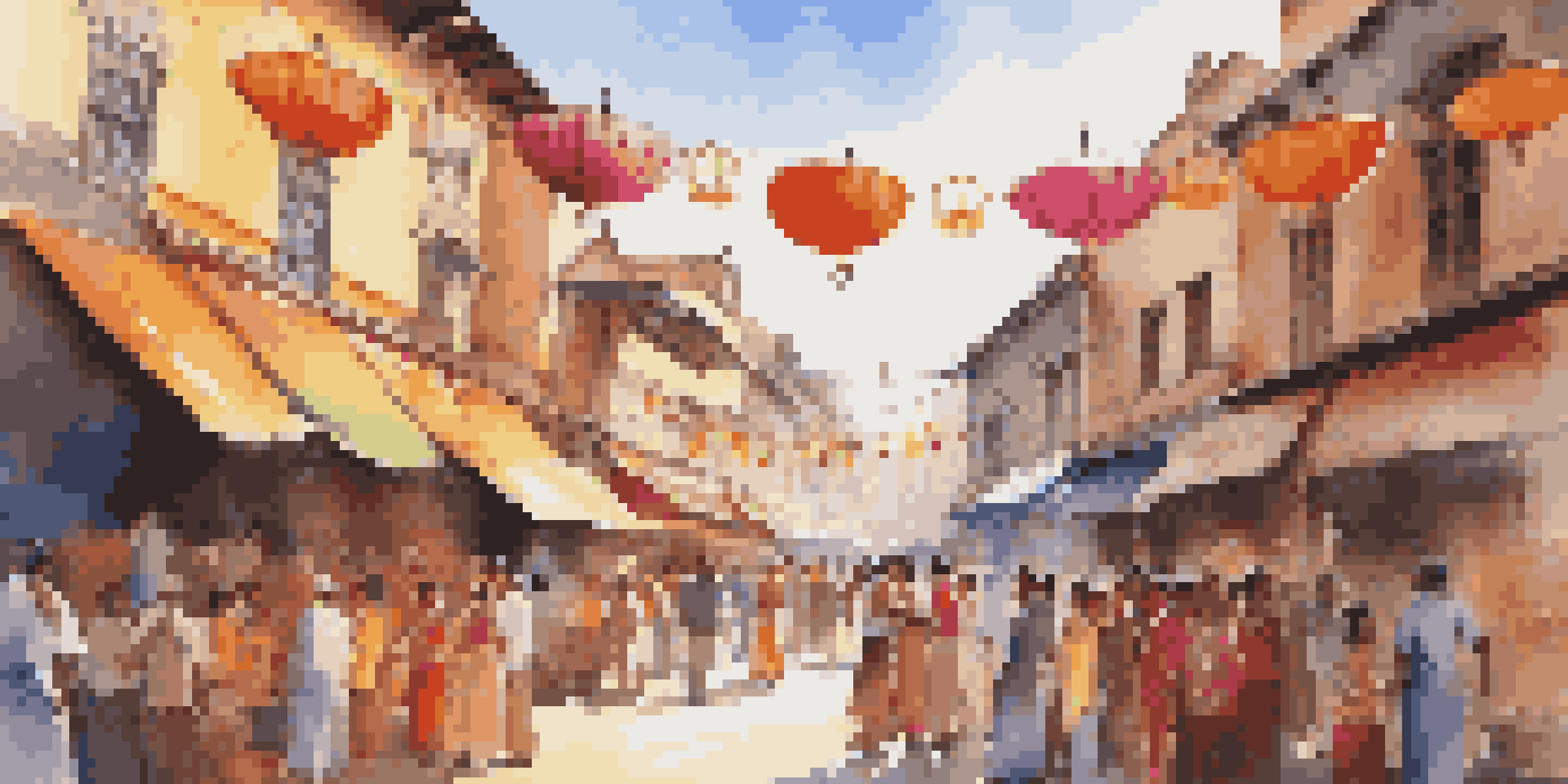A lively street filled with people in traditional clothing celebrating a local festival, with colorful decorations and stalls.