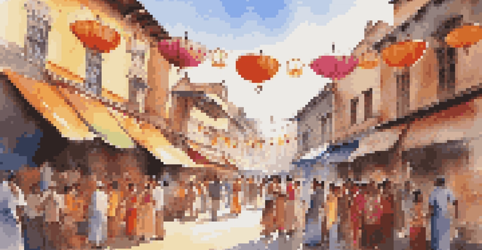 A lively street filled with people in traditional clothing celebrating a local festival, with colorful decorations and stalls.