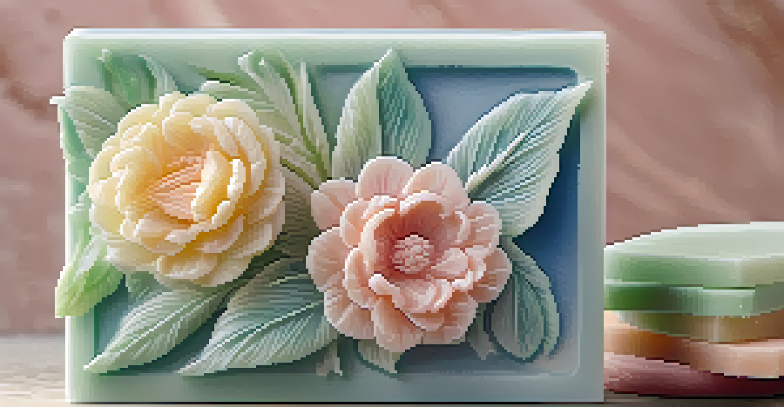 A close-up view of a colorful soap carving of flowers, showcasing intricate details and textures under soft lighting.