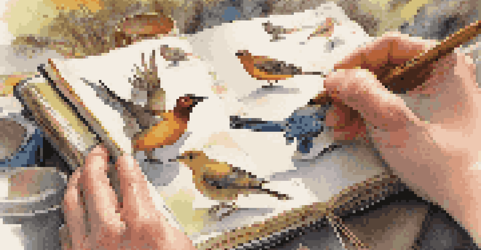 Close-up of a birdwatcher's hands with a notebook filled with sketches and notes, with birds in the background.