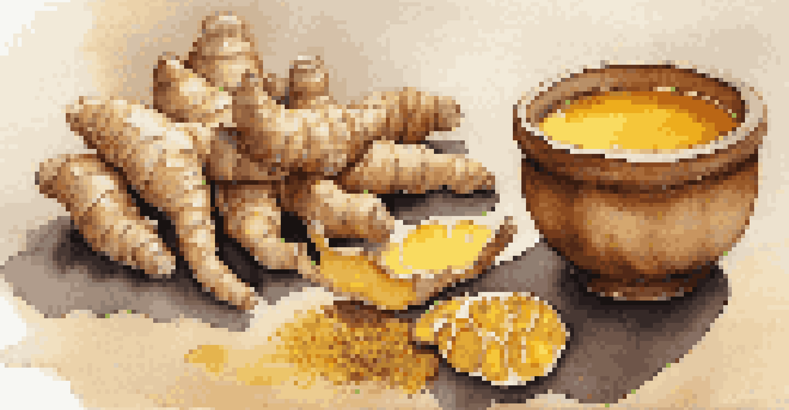 A steaming cup of ginger-turmeric infusion with ginger and turmeric roots on a rustic wooden surface.