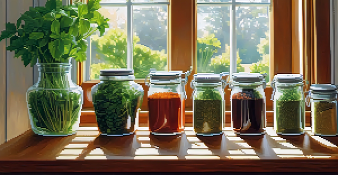 A colorful kitchen countertop showcasing fresh herbs and spices in jars, illuminated by sunlight.