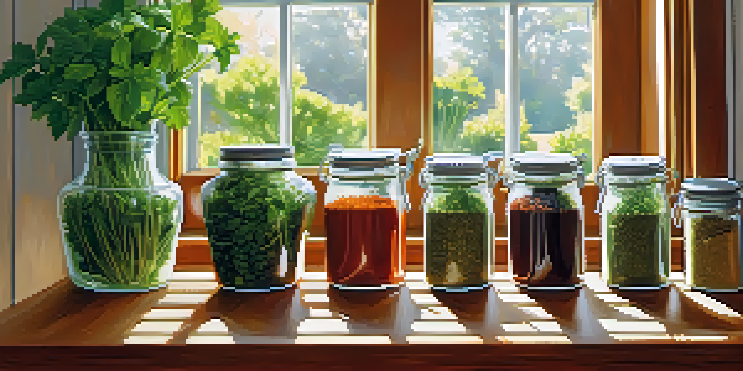 A colorful kitchen countertop showcasing fresh herbs and spices in jars, illuminated by sunlight.
