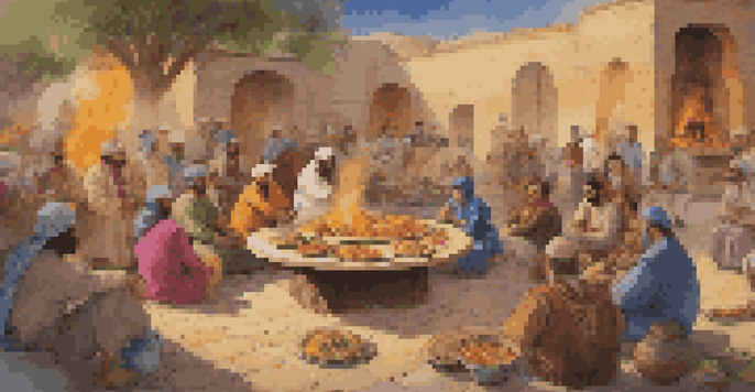 A lively gathering of people around a table filled with various ancient dishes, with a fire in the background and historical costumes.