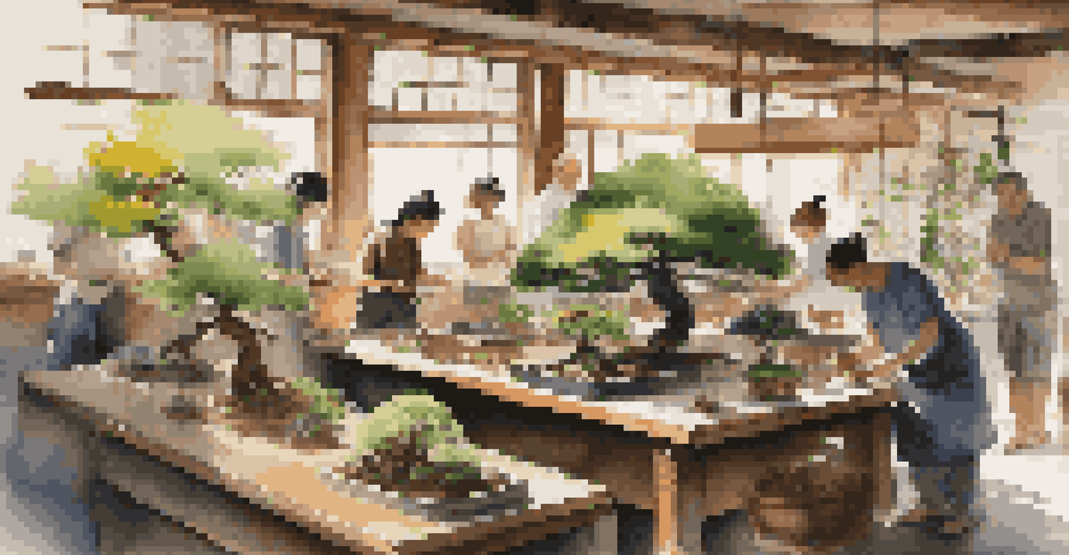 A diverse group of people in an urban bonsai workshop, working on various bonsai trees with sunlight streaming in.