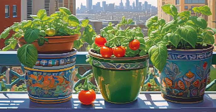A colorful urban balcony garden with cherry tomatoes, basil, and mint in pots, against a city skyline in sunlight.