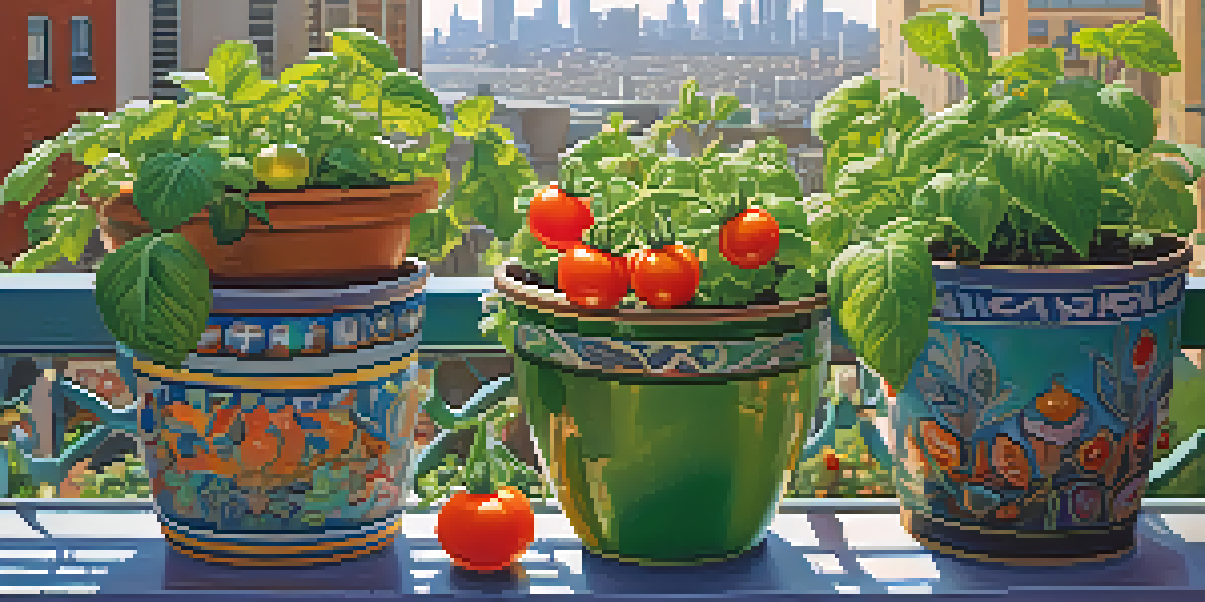 A colorful urban balcony garden with cherry tomatoes, basil, and mint in pots, against a city skyline in sunlight.