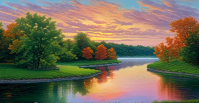 A beautiful sunset landscape with a winding river and colorful sky reflecting on the water, framed by green trees.