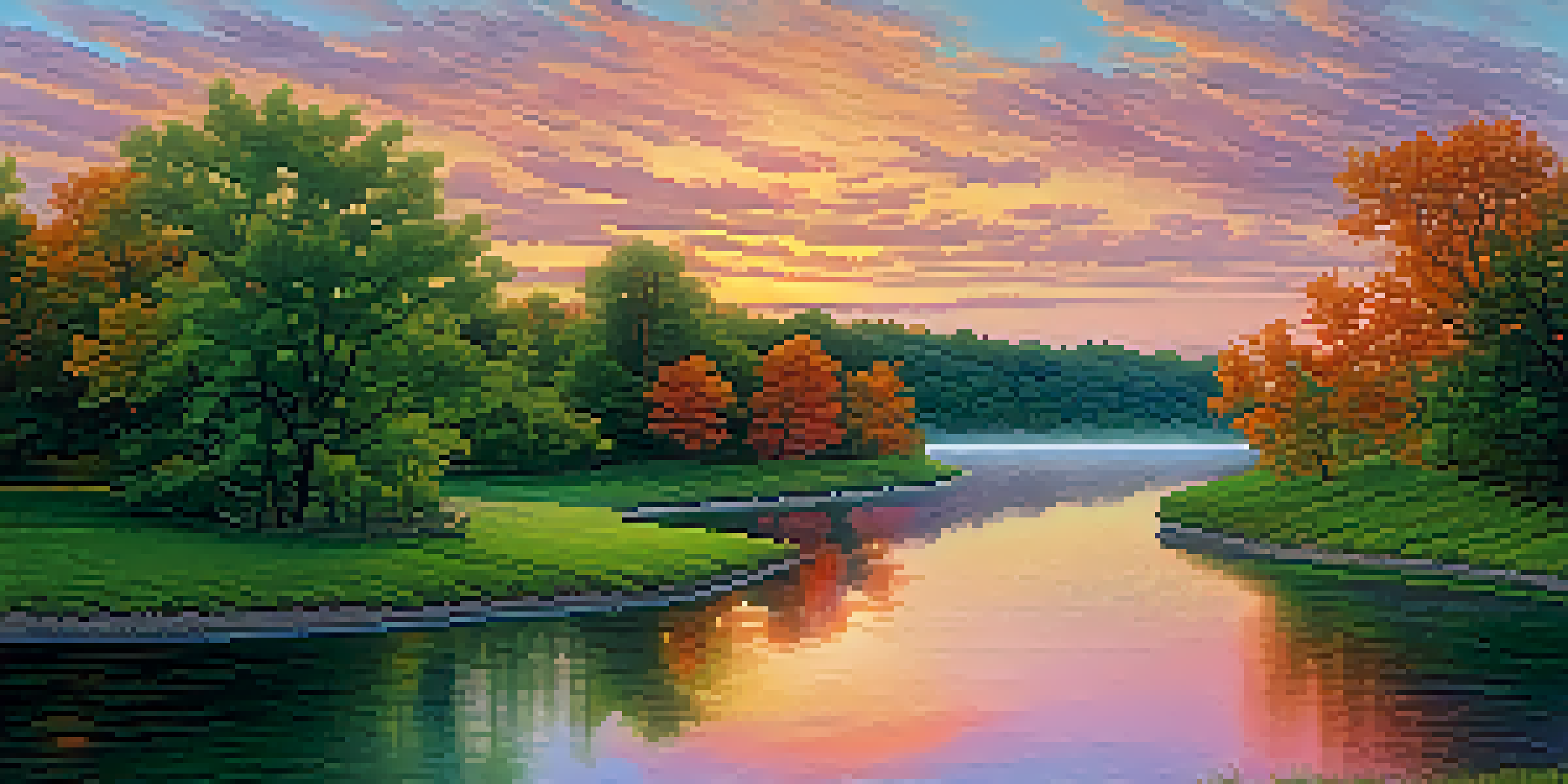 A beautiful sunset landscape with a winding river and colorful sky reflecting on the water, framed by green trees.